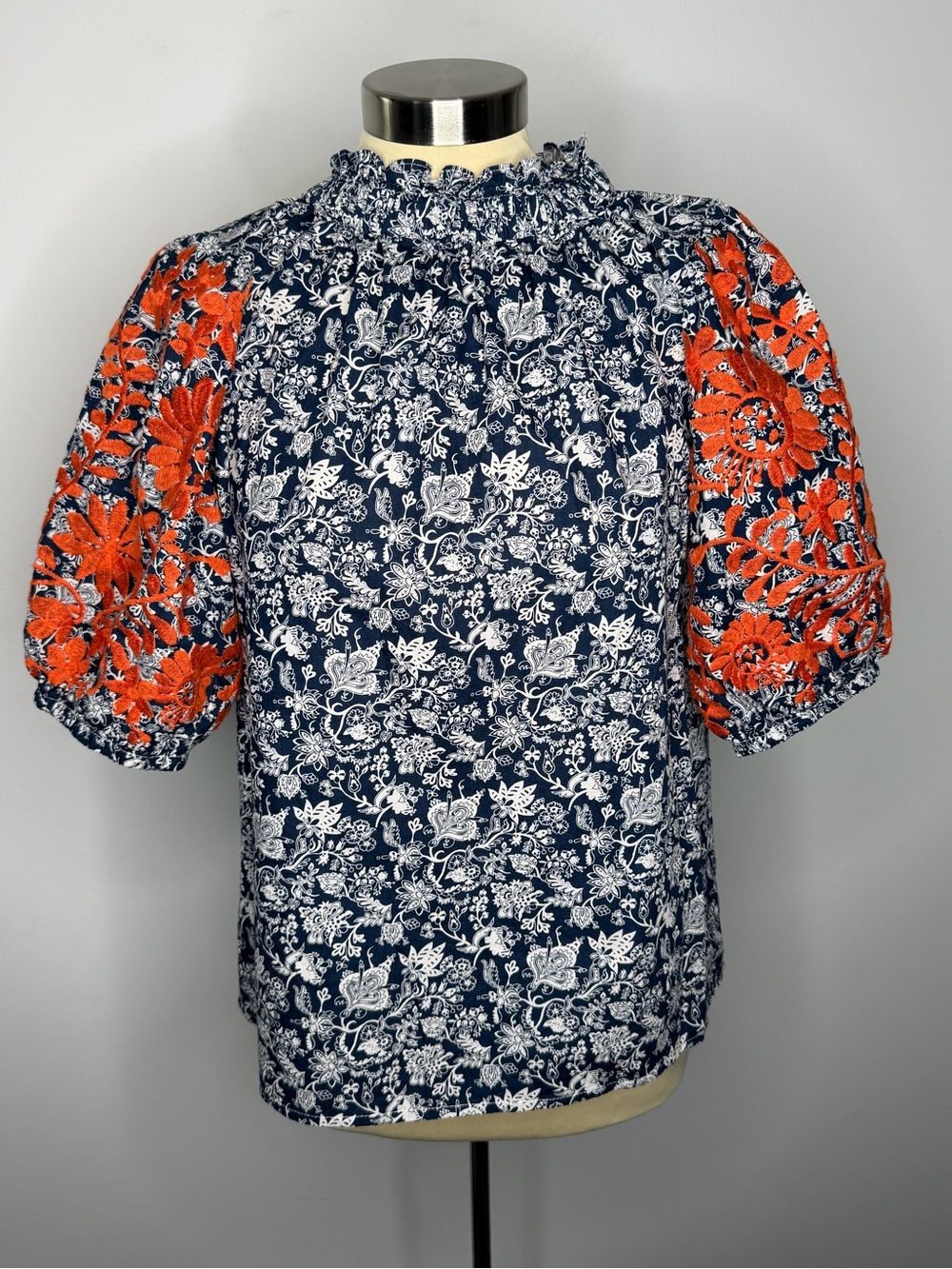 THML Navy White Floral Orange Embroidered Blouse